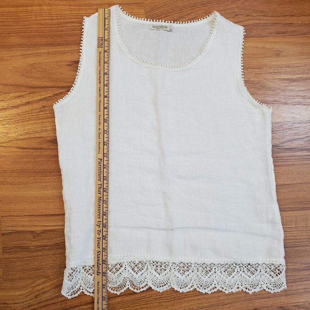 Laura Bianchi Small Italy Linen Top‎ Sleeveless Lace trim Coastal Travel Tank - Picture 8 of 8